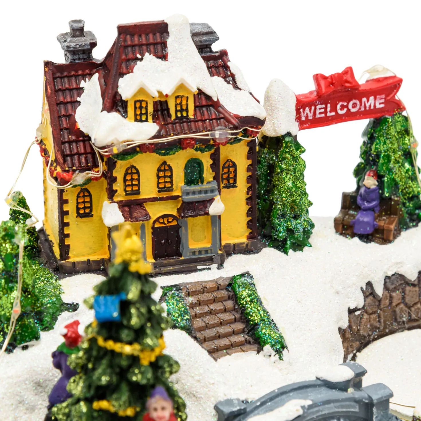 Villaggio di Natale in Polyresina, Pattinatore e Albero Natale con Bambini rotanti, h 15 cm