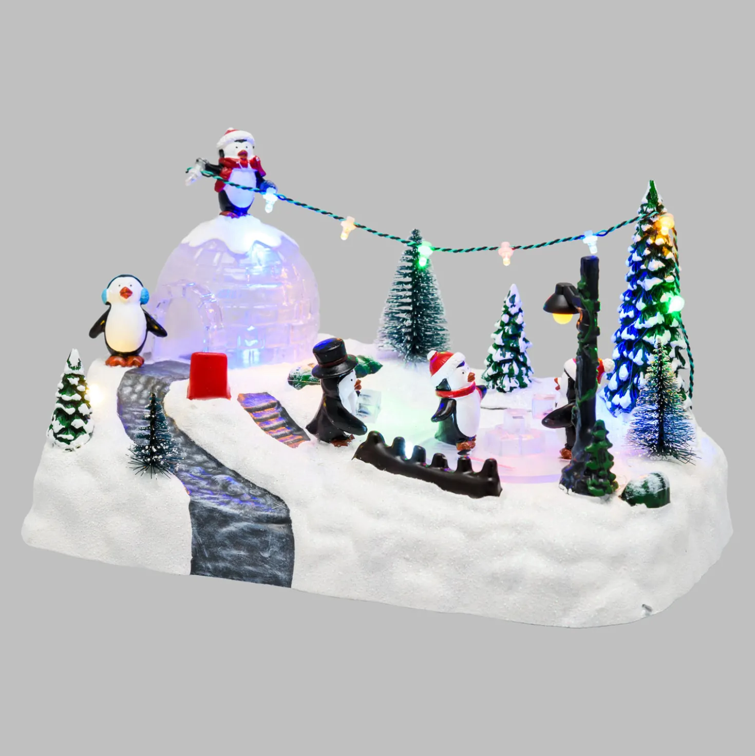 Villaggio di Natale, Paesaggio Polare con Igloo e Pinguini rotanti, h 16 cm, musiche natalizie