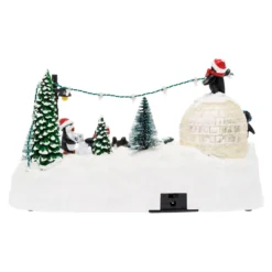 Villaggio di Natale, Paesaggio Polare con Igloo e Pinguini rotanti, h 16 cm, musiche natalizie
