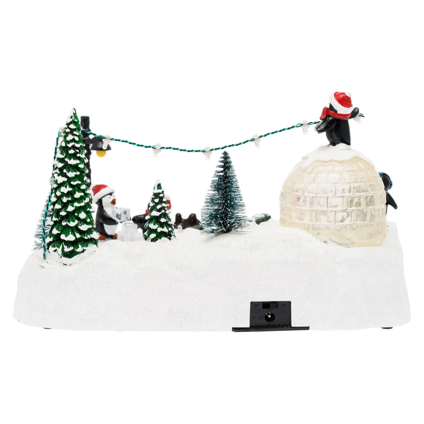 Villaggio di Natale, Paesaggio Polare con Igloo e Pinguini rotanti, h 16 cm, musiche natalizie