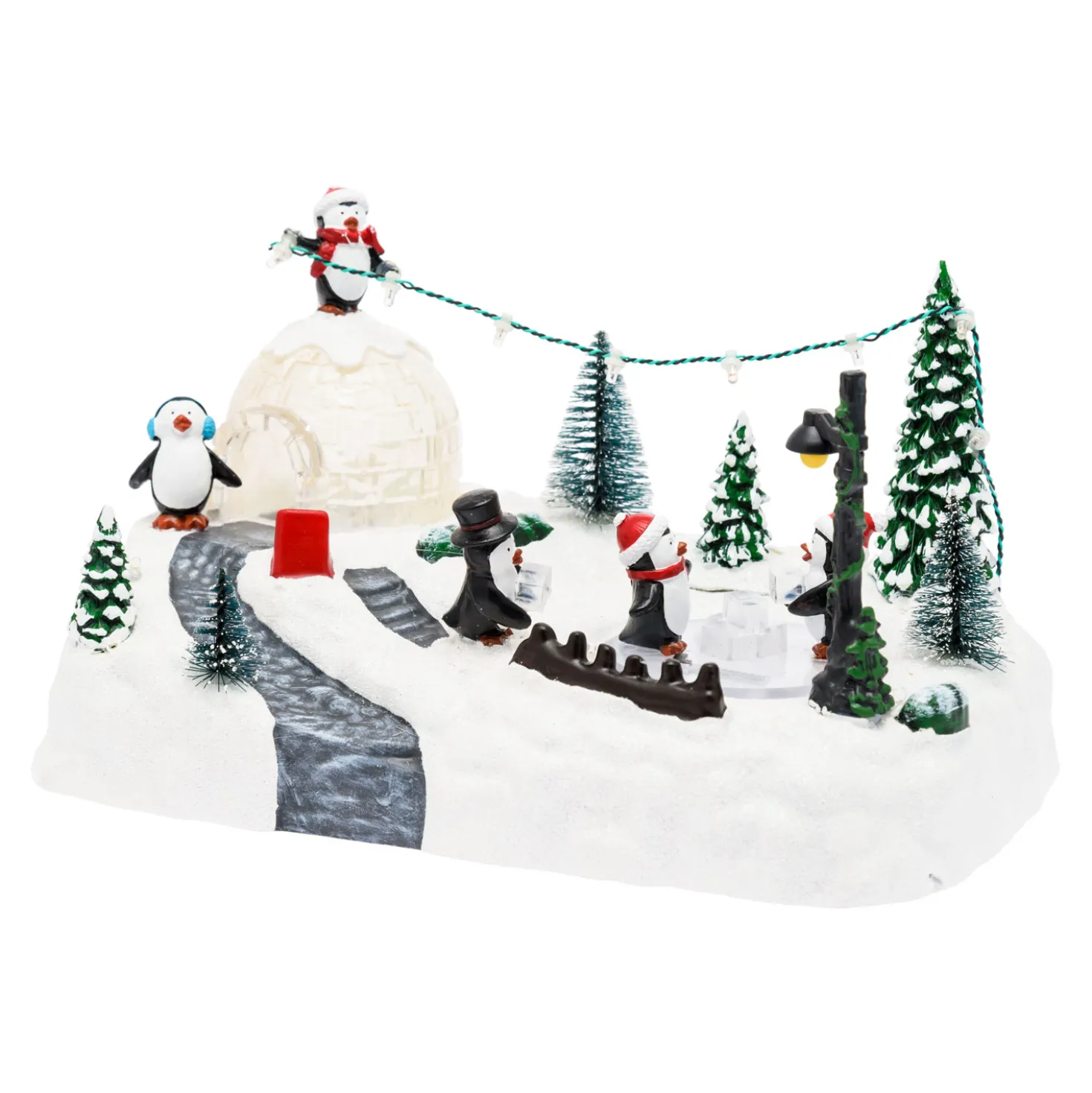 Villaggio di Natale, Paesaggio Polare con Igloo e Pinguini rotanti, h 16 cm, musiche natalizie