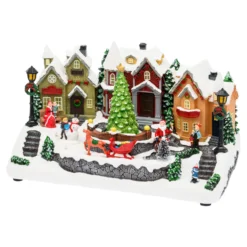 Villaggio di Natale, Paesaggio Innevato con personaggi e Albero di Natale rotante, h 18 cm, musiche natalizie