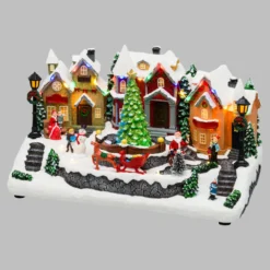 Villaggio di Natale, Paesaggio Innevato con personaggi e Albero di Natale rotante, h 18 cm, musiche natalizie