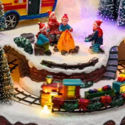 Villaggio di Natale, Roulotte, falò con effetto fiamma e trenino in movimento, led multicolor