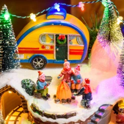 Villaggio di Natale, Roulotte, falò con effetto fiamma e trenino in movimento, led multicolor