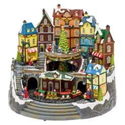 Villaggio di Natale, Stazione con Trenino in movimento e Albero di Natale rotante, h 38 cm, musiche natalizie