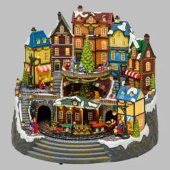 Villaggio di Natale, Stazione con Trenino in movimento e Albero di Natale rotante, h 38 cm, musiche natalizie
