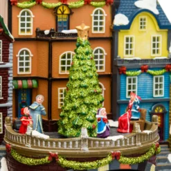 Villaggio di Natale, Stazione con Trenino in movimento e Albero di Natale rotante, h 38 cm, musiche natalizie