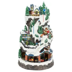 Villaggio Innevato con Sciatori, Trenino in Galleria in movimento in Polyresina, h 38 cm