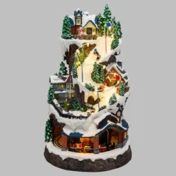 Villaggio Innevato con Sciatori, Trenino in Galleria in movimento in Polyresina, h 38 cm
