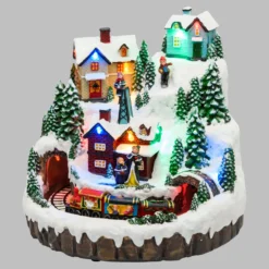 Villaggio innevato di Natale e Trenino con movimento rotante, h 22 cm, musiche natalizie