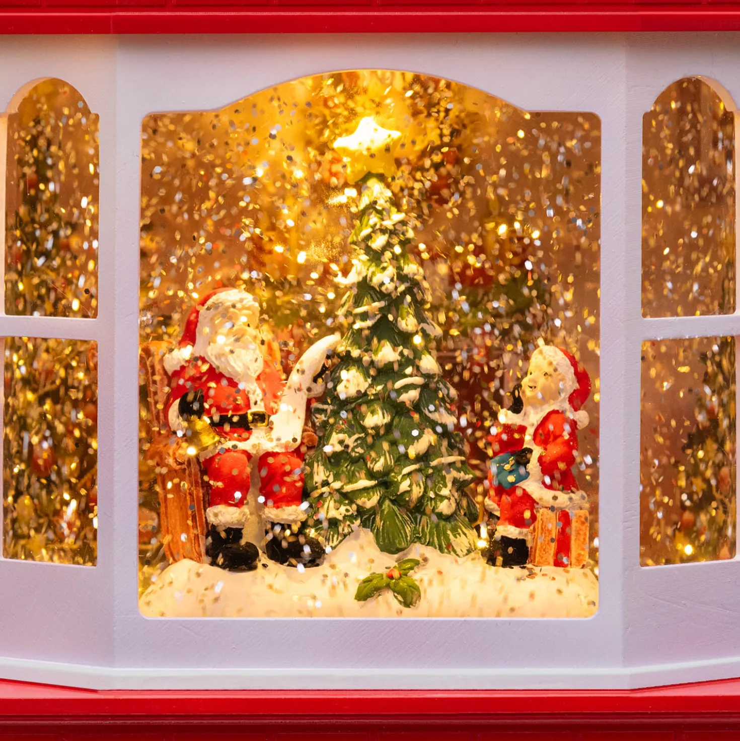 WorkShop di Babbo Natale, glitter scintillante, h 28,5 cm, musiche natalizie, led bianco caldo