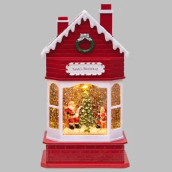 WorkShop di Babbo Natale, glitter scintillante, h 28,5 cm, musiche natalizie, led bianco caldo
