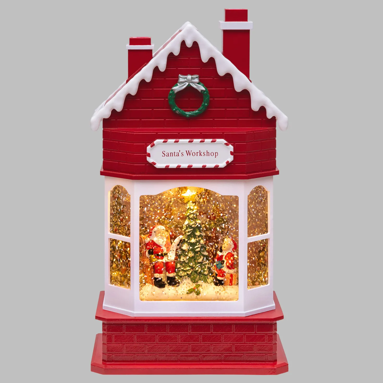 WorkShop di Babbo Natale, glitter scintillante, h 28,5 cm, musiche natalizie, led bianco caldo