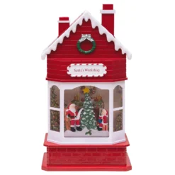 WorkShop di Babbo Natale, glitter scintillante, h 28,5 cm, musiche natalizie, led bianco caldo