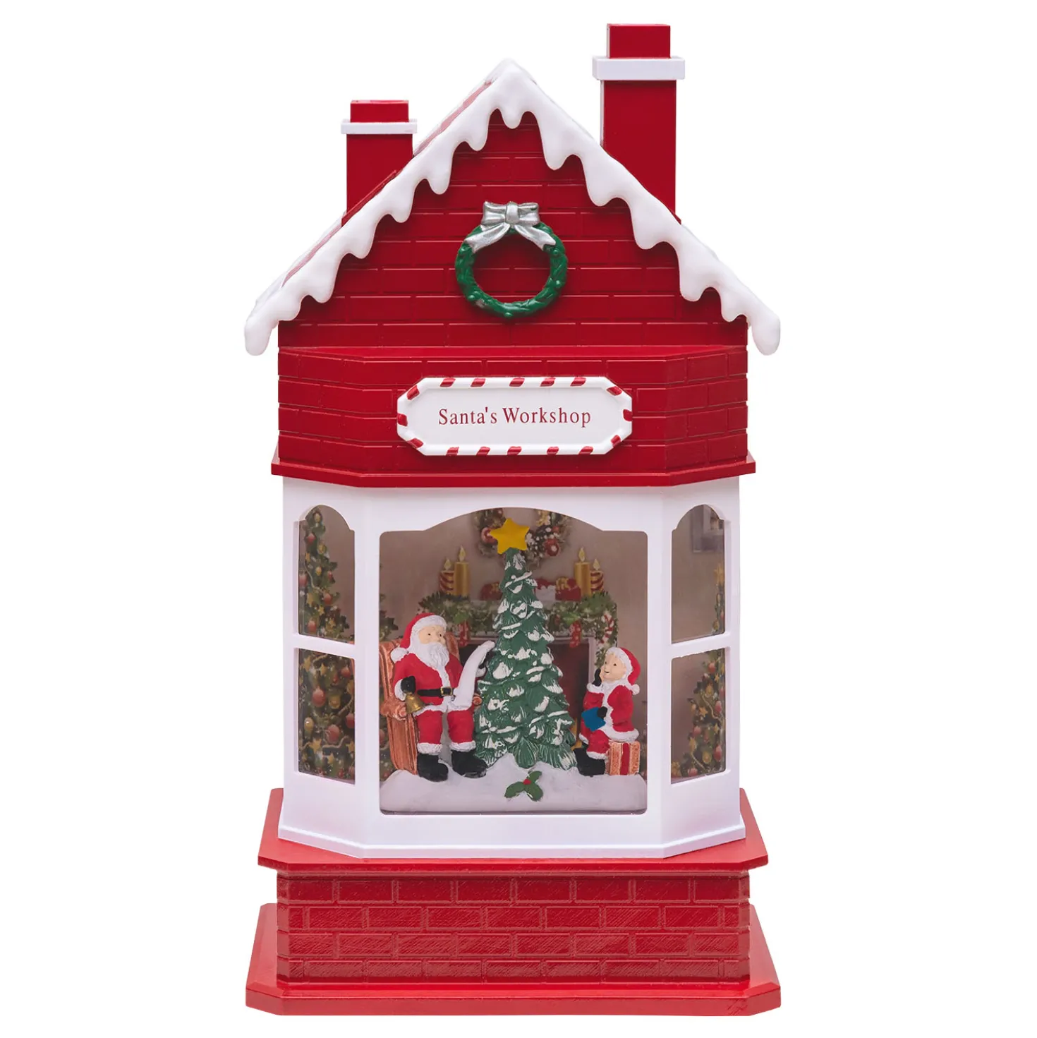 WorkShop di Babbo Natale, glitter scintillante, h 28,5 cm, musiche natalizie, led bianco caldo