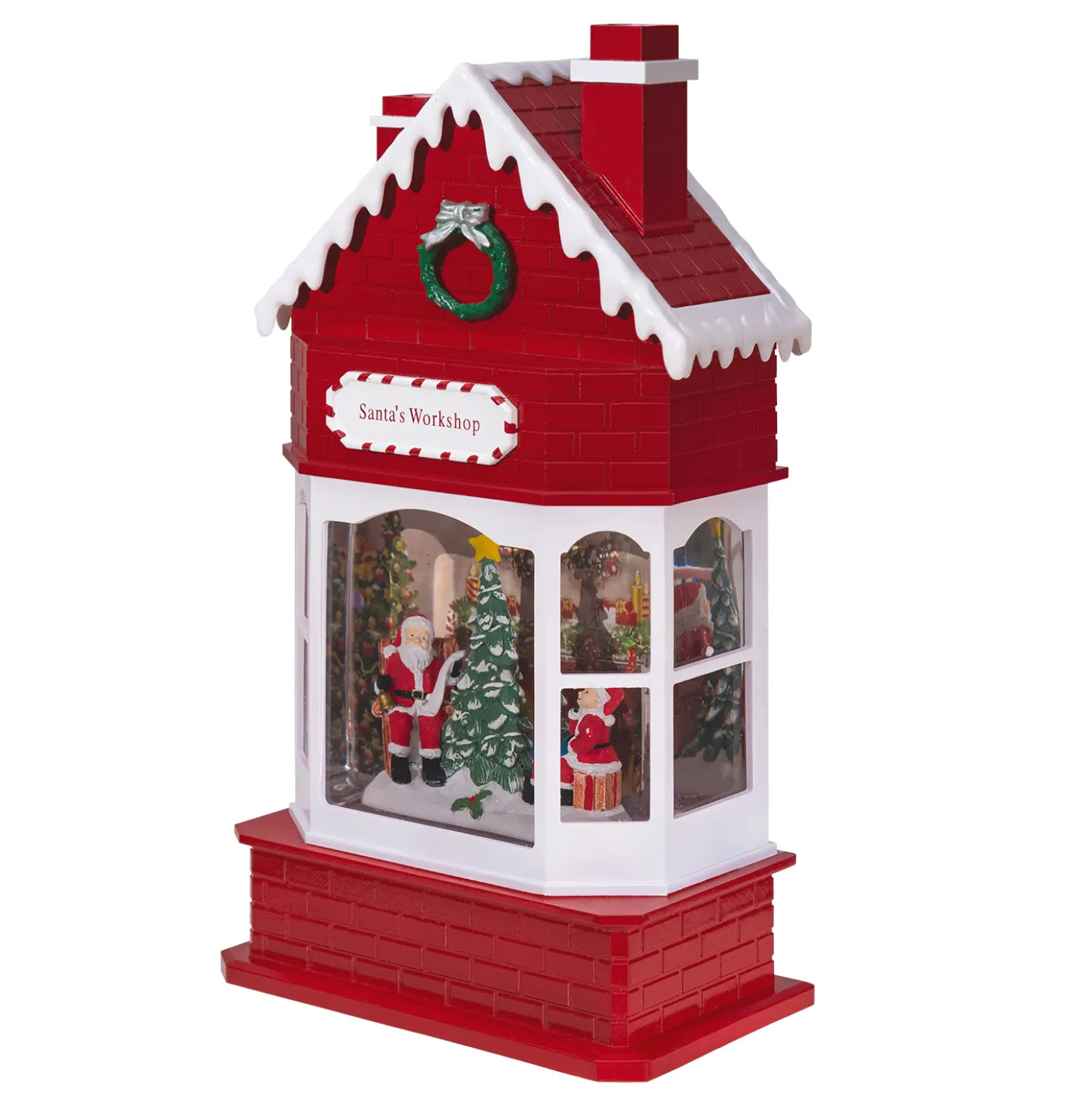 WorkShop di Babbo Natale, glitter scintillante, h 28,5 cm, musiche natalizie, led bianco caldo